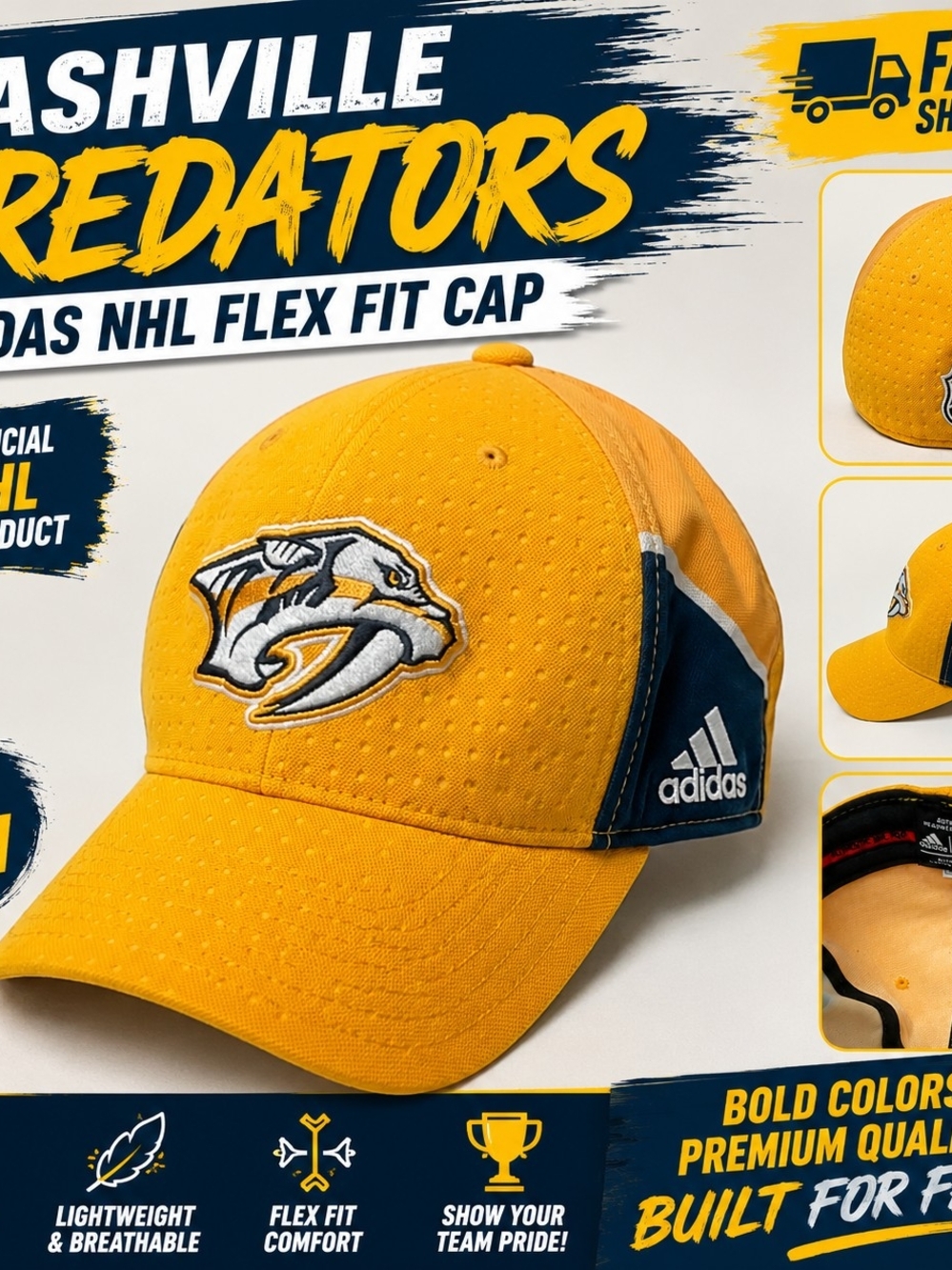 Adidas Nashville Predators NHL Flex Hat Cap Yellow Gold S/M Embroidered Hockey